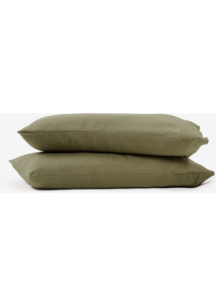 Washed Linen Keten Yastık Kılıfı 2'li Haki 50x70