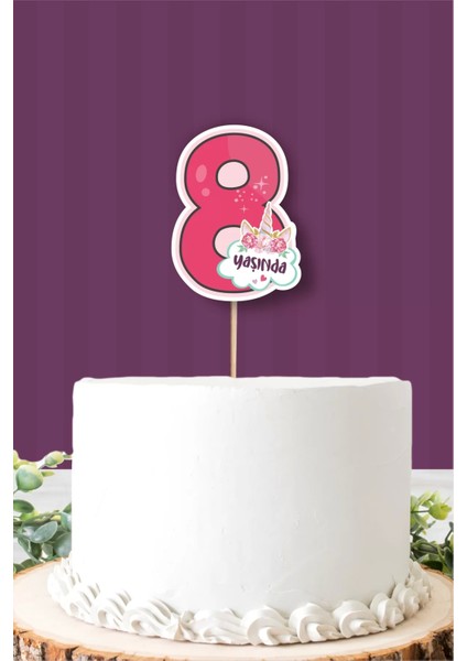 Unicorn Temalı 8 Yaşında (Sekiz) Pasta Süsü Kalın Kağıt