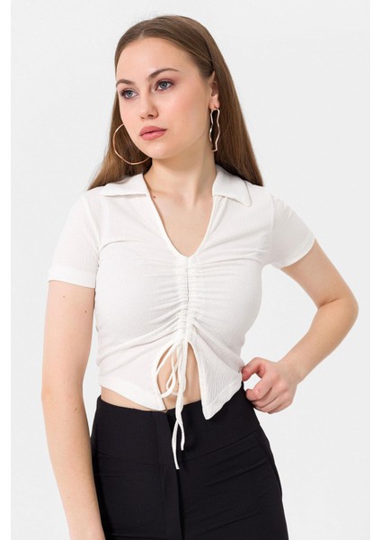 Kadın Önü Büzgü Detaylı Crop Bluz fiyatları