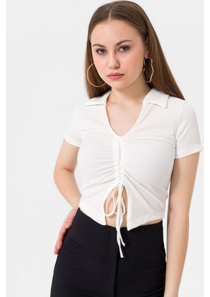 Kadın Önü Büzgü Detaylı Crop Bluz modelleri