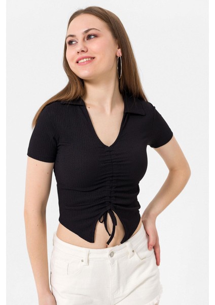 Kadın Önü Büzgü Detaylı Crop Bluz modelleri