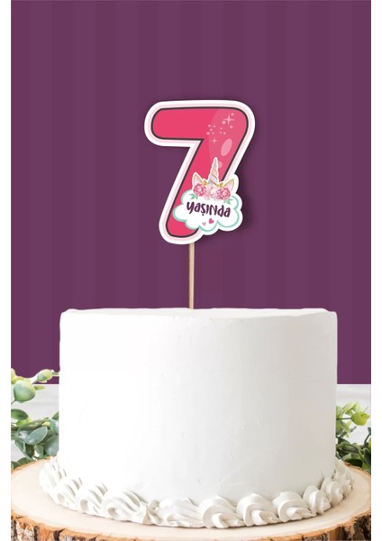 Unicorn Temalı 7 Yaşında (Yedi) Pasta Süsü Kalın Kağıt