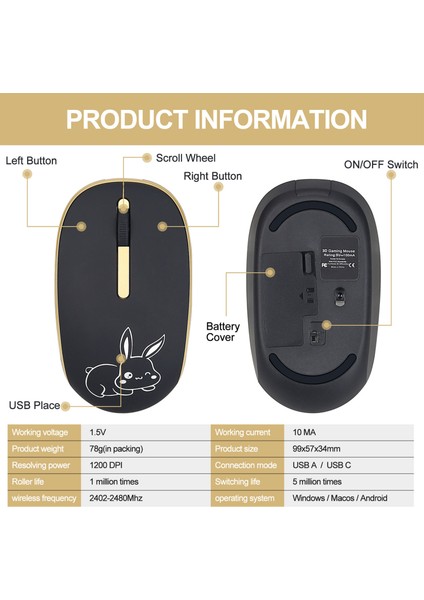 2.4ghz 1200DPI Tip C Ergonomik Kablosuz Fare(Yurt Dışından)