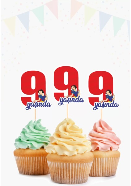 Pamuk Prenses Temalı 9 (Dokuz) Yaşında Cupcake Süsü 10'lu