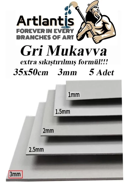 Mukavva Gri 3 mm 35X50 cm 5 Adet Sert Karton Ekstra Sıkıştırılmış 35*50 Mukavva Gri Renkli 5 Adet