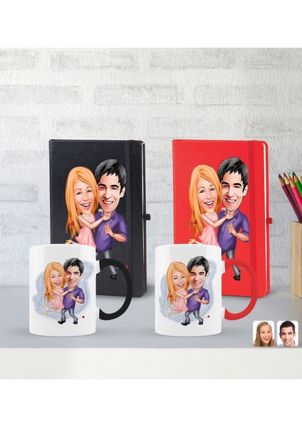 Kişiye Özel Sevgililer Karikatürlü 2’Li Defter Kupa Hediye Seti, Sevgiliye Hediye, Sevgililer Günü Hediyesi-5