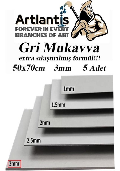 Mukavva Gri 3 mm 50X70 cm 5 Adet Sert Karton Ekstra Sıkıştırılmış 50*70 Mukavva Gri Renkli 3mm 5 Adet