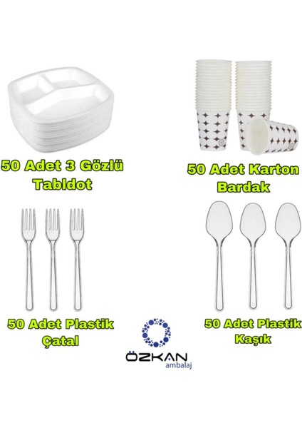 3 Gözlü Köpük Tabak - Plastik Çatal,kaşık - Karton Bardak Eko SET(50LI Set)