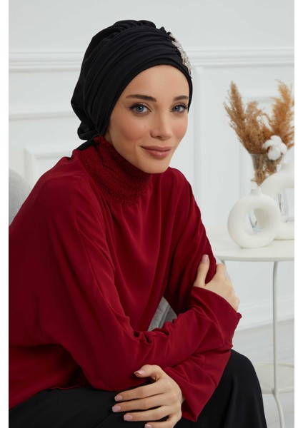 Aisha's Design Pileli Taş Çiçek Aksesuarlı Şifon Hazır Türban,