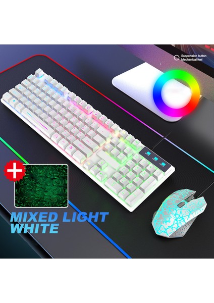 T13 USB Kablolu Rgb Arkadan Aydınlatmalı LED Oyun Klavyesi ve Fare Seti - Beyaz (Yurt Dışından)