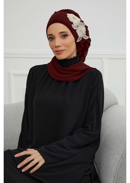 Aisha's Design Yandan Fırfırlı Çiçek Aksesuarlı Şifon Hazır Türban,