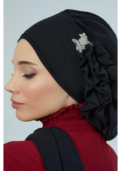 Yandan Fırfırlı Gümüş Aksesuarlı Şifon Hazır Türban,