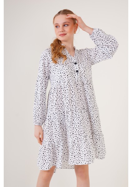 2322 Desenli Elbise - Beyaz