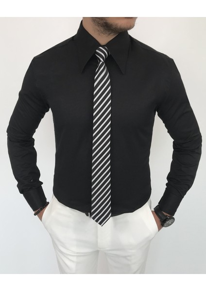 Italyan Stil Slim Fit Sivri Yaka Saten Erkek Gömlek Siyah T7207 fiyatları