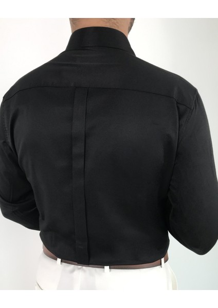 Italyan Stil Slim Fit Sivri Yaka Saten Erkek Gömlek Siyah T7207 fırsatları