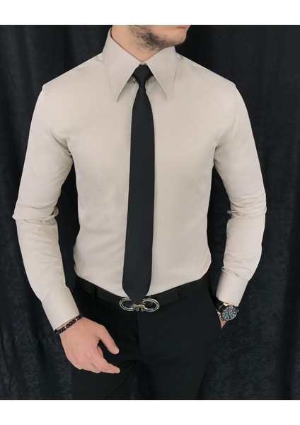 Italyan Stil Slim Fit Sivri Yaka Saten Erkek Gömlek Bej T7213