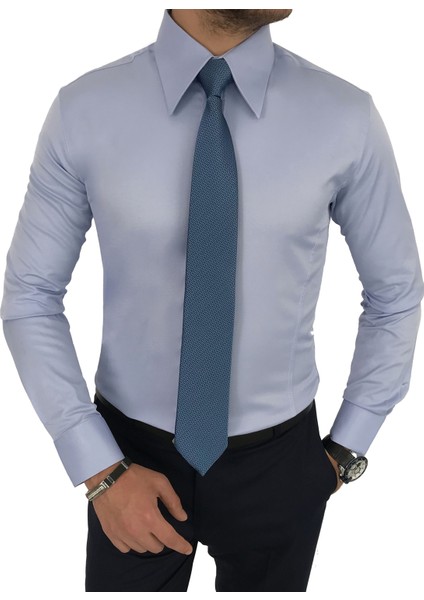 Italyan Stil Slim Fit Sivri Yaka Saten Erkek Gömlek Mavi T7215