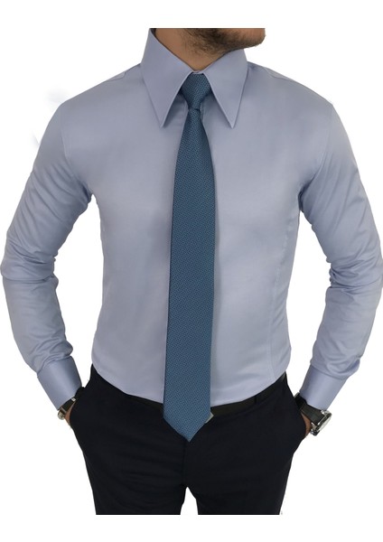 Italyan Stil Slim Fit Sivri Yaka Saten Erkek Gömlek Mavi T7215
