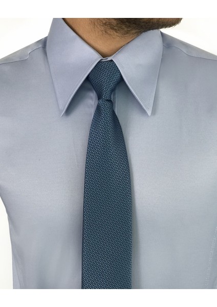 Italyan Stil Slim Fit Sivri Yaka Saten Erkek Gömlek Mavi T7215