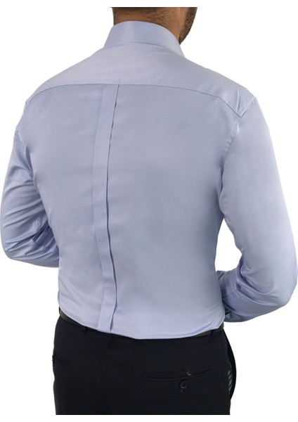 Italyan Stil Slim Fit Sivri Yaka Saten Erkek Gömlek Mavi T7215