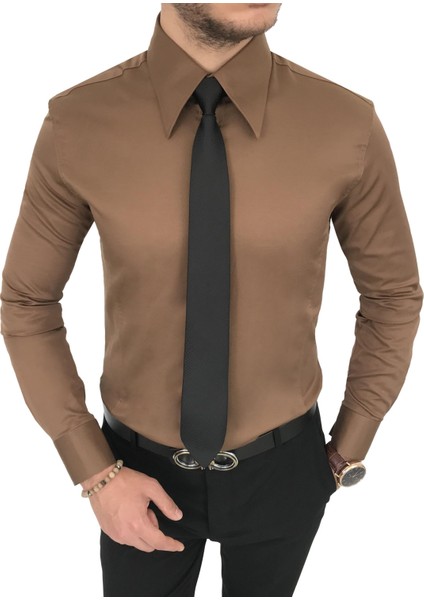 Italyan Stil Slim Fit Sivri Yaka Saten Erkek Gömlek Açık Kahve T7210 fiyatları