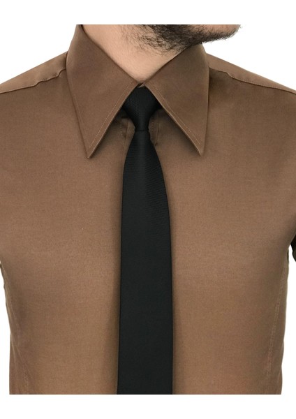 Italyan Stil Slim Fit Sivri Yaka Saten Erkek Gömlek Açık Kahve T7210 modelleri