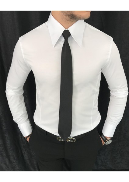 Italyan Stil Slim Fit Sivri Yaka Saten Erkek Gömlek Beyaz T7214 fiyatları