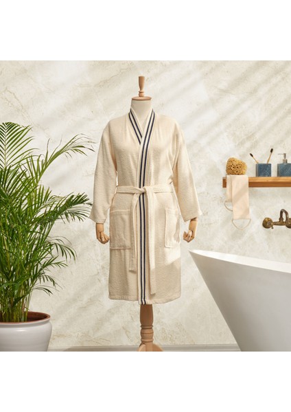 Minka Off White Lacivert Sonil %100 Pamuk Bornoz L/xl