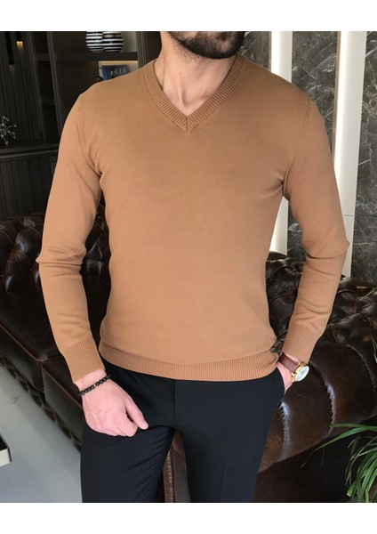 Italyan Stil Slim Fit Erkek V Yaka Triko Kazak Camel T8734