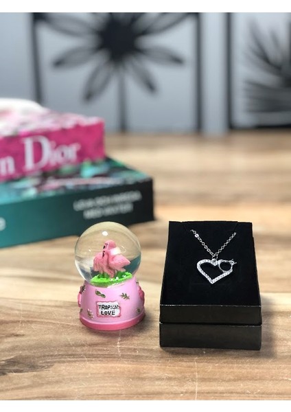 14 Şubat Sevgililer Günü Hediyesi Romantik Işıklı Flamingo Pembe Kar Küresi ve Taşlı Kalpli Kolye
