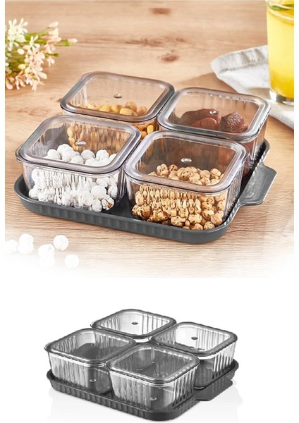 4 Bölmeli Kapaklı Tepsili Çizgili Desen Lüx Kahvaltılık Modern Sunum Seti ve Saklama Kabı