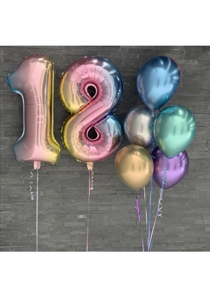 18 Yaş Gökkuşağı Rakam Krom Balon Doğum Günü Balon Seti