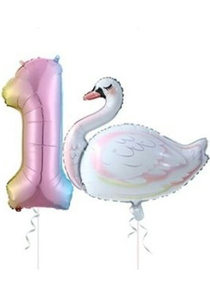 Kuğu Balon Gökkuşağı Rakam Folyo Balon Set Yaş 1