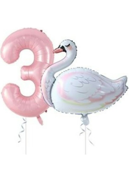 Kuğu Balon Pembe Rakam Folyo Balon Set Yaş 3