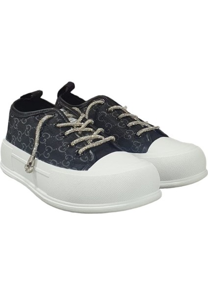 Taşlı Bağcıklı Üstü Tekstil Sneaker Bayan Spor Ayakkabı