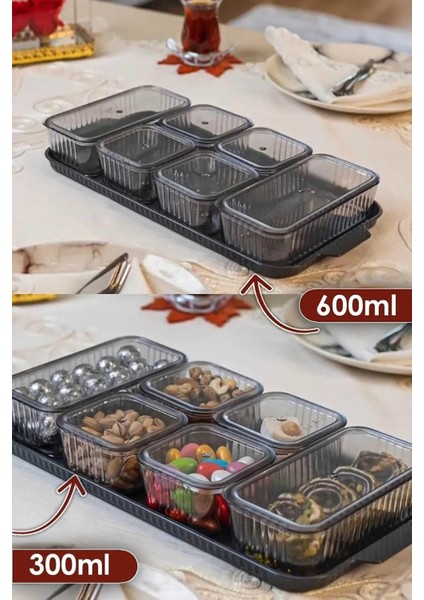 6 Bölmeli Kapaklı Tepsili Çizgili Desen Lüx Kahvaltılık Modern Sunum Seti ve Saklama Kabı modelleri