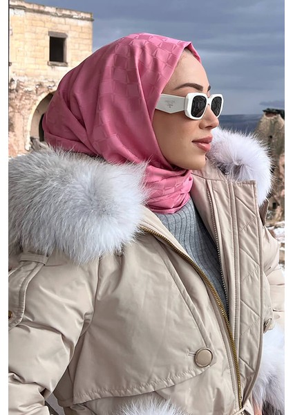 Seda Aydın Ipeksi Jakar Lara Şal Dama Desen - Tatlı Pembe