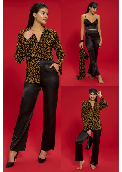 6'lı Pliseli Leopar Bustiyerli Siyah Pijama Takım S27568