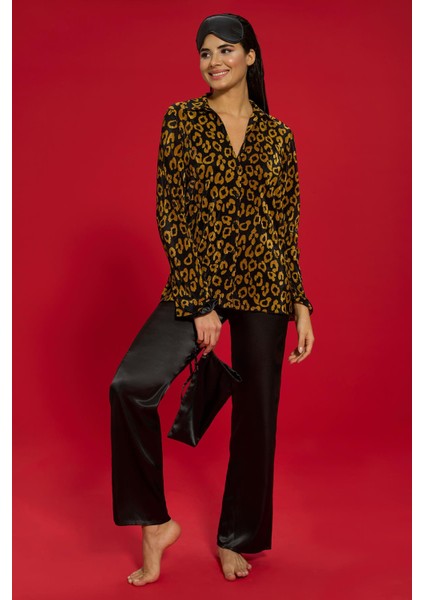 6'lı Pliseli Leopar Bustiyerli Siyah Pijama Takım S27568