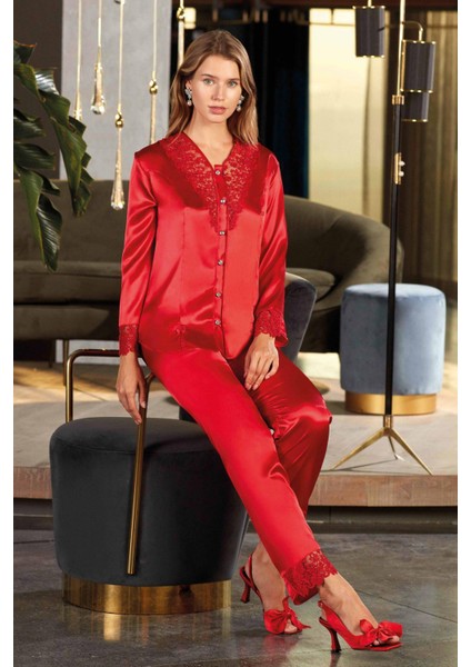 5696 Saten Uzun Kol Pijama Takımı