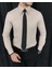 Italyan Stil Slim Fit Sivri Yaka Saten Erkek Gömlek Bej T7213 1