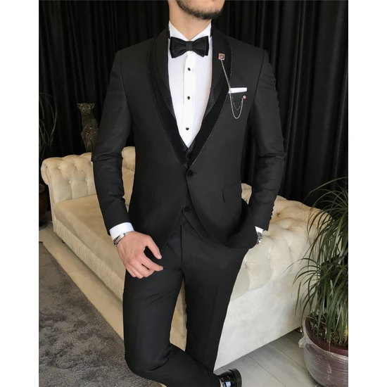 Adam Tailor Italyan Kesim Ceket Yelek Pantolon Damatlık Set Siyah T7473