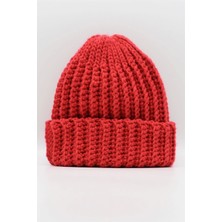 Külah Kadın El Örgüsü Kışlık Yün Bere Mercan Kırmızı