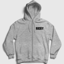 Presmono Unisex Gri Logo Film Rocky Fermuarlı Kapüşonlu Sweatshirt