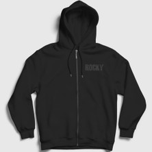 Presmono Unisex Siyah Logo Film Rocky Fermuarlı Kapüşonlu Sweatshirt