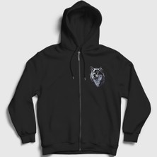 Presmono Unisex Siyah Siberian Wolf Kurt Fermuarlı Kapüşonlu Sweatshirt