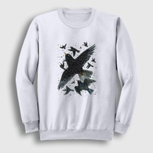 Presmono Unisex Beyaz Herd Of Birds Kuş Karga Sweatshirt