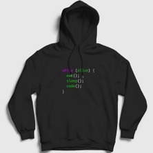 Presmono Unisex Siyah Eat Sleep Code Repeat Developer Yazılımcı Kapüşonlu Sweatshirt