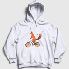 Presmono Unisex Beyaz Bicycle Fox Tilki Kapüşonlu Sweatshirt
