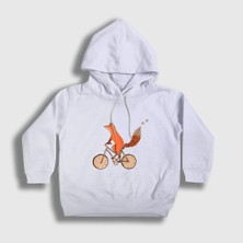 Presmono Unisex Çocuk Beyaz Bicycle Fox Tilki Kapüşonlu Sweatshirt